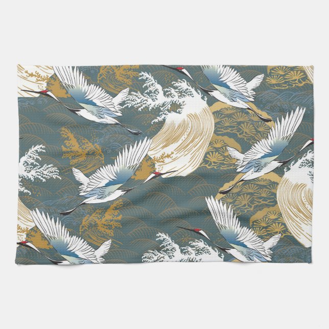 Japanese Vintage Crane Birds Pattern Kitchen Towel (Horizontal)