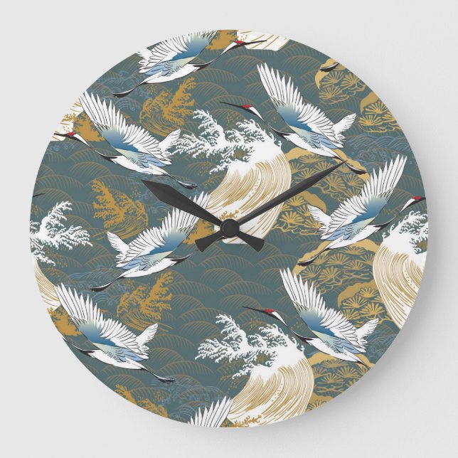 Japanese Vintage Crane Birds Pattern Large Clock (Front)
