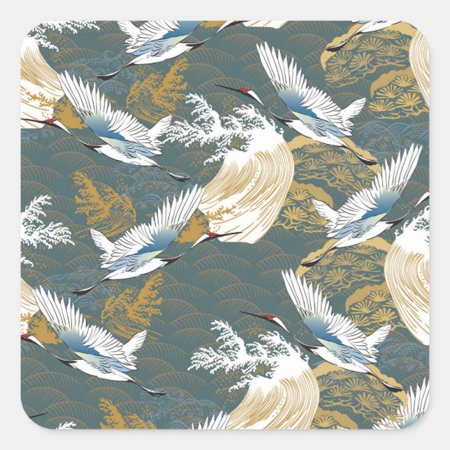 Japanese Vintage Crane Birds Pattern Square Sticker (Front)