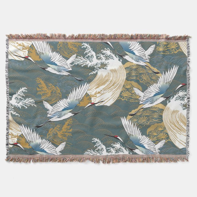 Japanese Vintage Crane Birds Pattern Throw Blanket (Front)