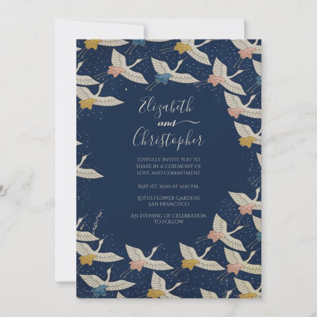 Japanese Vintage Cranes Blue Elegant Wedding Invitation (Front)