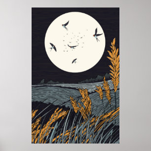 Japanese Vintage Landscape At Night Poster