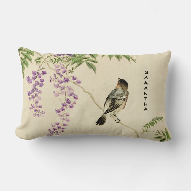 Japanese Vintage Lilac Sparrow Lumbar Pillow (Front)