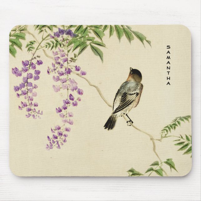 Japanese Vintage Lilac Sparrow Monogram Mousepad (Front)