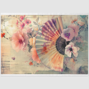 Japanese Vintage Oriental Fan Water Colour Tissue Paper