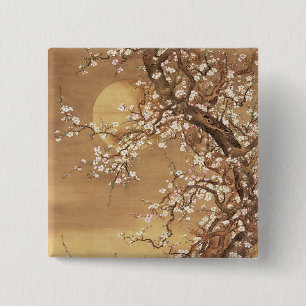 Japanese vintage plum blossoms in moonlight 2 inch square button