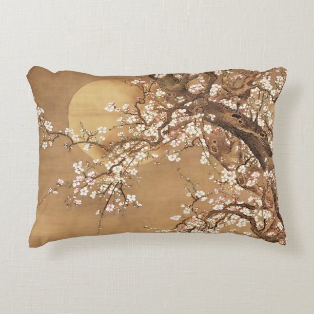 Japanese vintage plum blossoms in moonlight accent pillow (Front)
