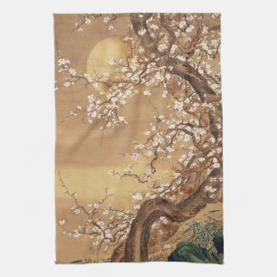 Japanese vintage plum blossoms in moonlight kitchen towel