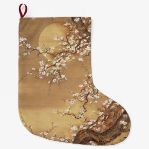 Japanese vintage plum blossoms in moonlight large christmas stocking
