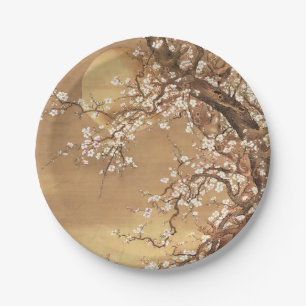 Japanese vintage plum blossoms in moonlight paper plate