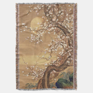 Japanese vintage plum blossoms in moonlight throw blanket