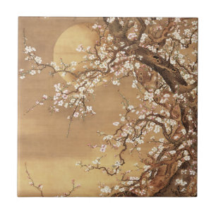Japanese vintage plum blossoms in moonlight tile