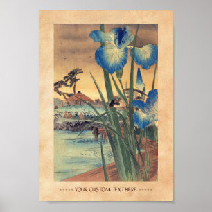 Japanese vintage ukiyo-e blue iris and bird scene poster