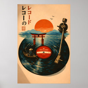 Japanese Vinyl Record Sunset Torii Gate Poster