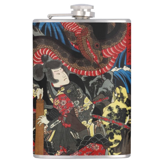 Japanese warrior fighting giant snake hip flask (Front)
