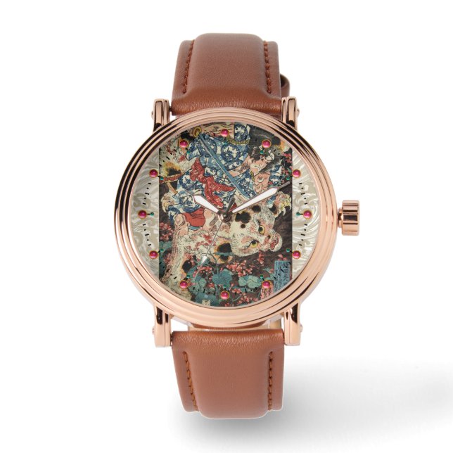 JAPANESE WARRIOR KILLING A MONSTROUS CAT Ukiyoe Watch (Front)