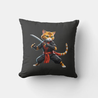 Japanese Warrior Ninja Cat T-Shirt Throw Pillow