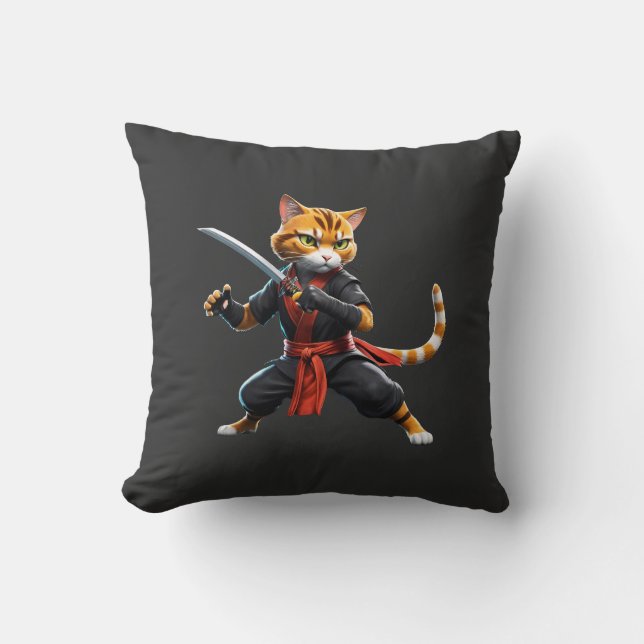 Japanese Warrior Ninja Cat T-Shirt  Throw Pillow (Front)