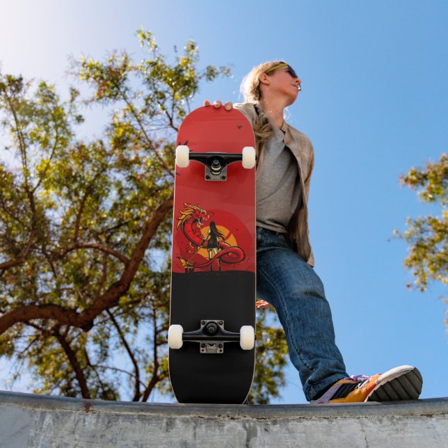 Japanese Warrior Woman Dragon Fighter Sunset Skateboard (Outdoor 1)