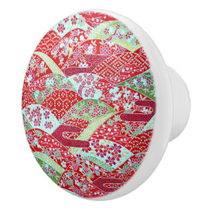 Japanese Washi Art Red Floral Origami Yuzen Knob