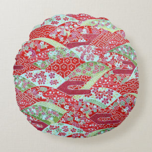 Japanese Washi Art Red Floral Origami Yuzen Round Pillow