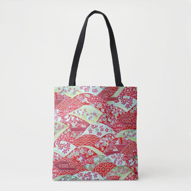 Japanese Washi Art Red Floral Origami Yuzen Tote (Front)