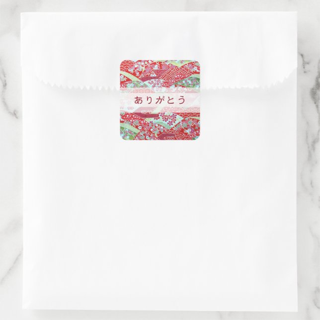 Japanese Washi Art Red Floral “Thank You” Square Sticker (Bag)