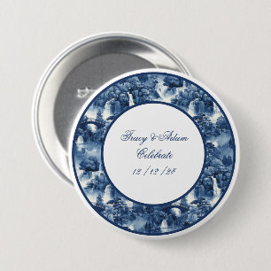 Japanese water garden in a blue white porcelain 3 inch round button