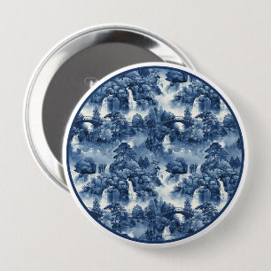 Japanese water garden in a blue white porcelain 4 inch round button