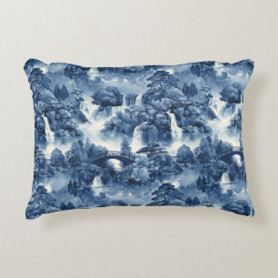 Japanese water garden in a blue white porcelain accent pillow