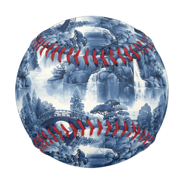 Japanese water garden in a blue white porcelain baseball (Front)