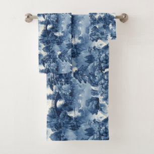Japanese water garden in a blue white porcelain bath towel set