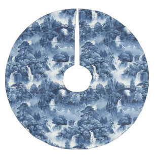Japanese water garden in a blue white porcelain brushed polyester tree skirt
