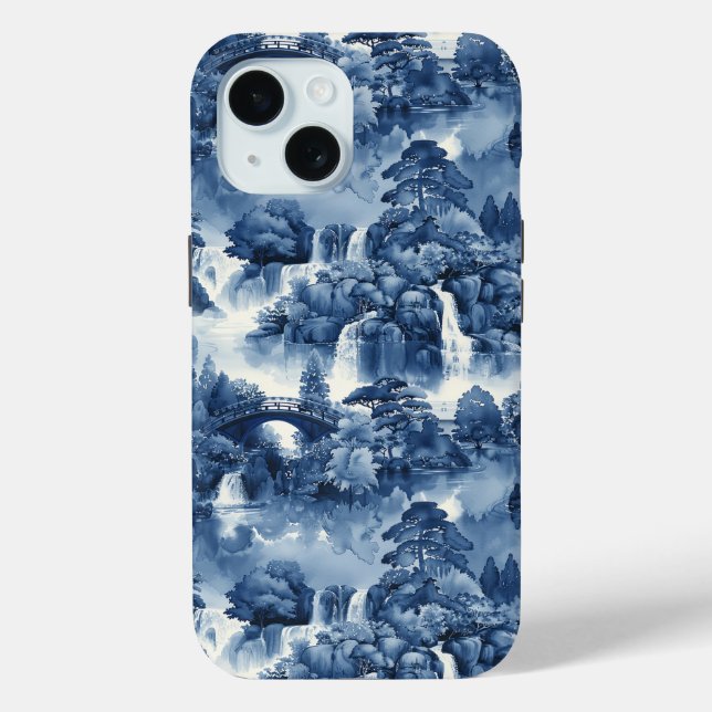 Japanese water garden in a blue white porcelain Case-Mate iPhone case (Back)