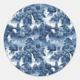 Japanese water garden in a blue white porcelain classic round sticker