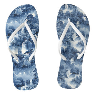 Japanese water garden in a blue white porcelain flip flops