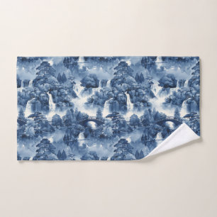 Japanese water garden in a blue white porcelain hand towel