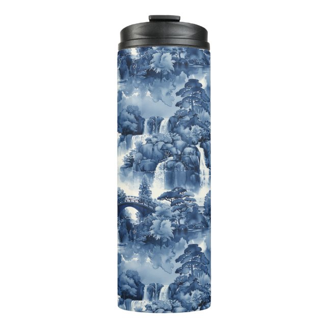 Japanese water garden in a blue white porcelain thermal tumbler (Front)