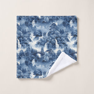 Japanese water garden in a blue white porcelain wash cloth