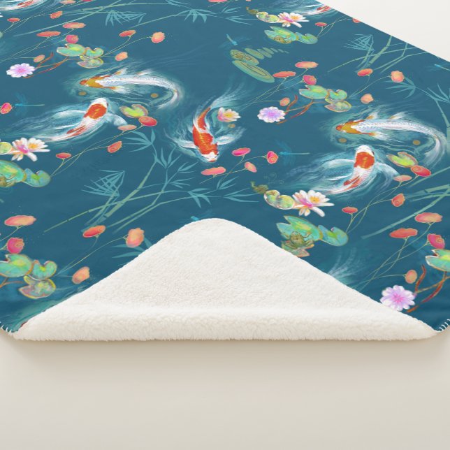Japanese Water Garden Teal Sherpa Blanket (3/4)