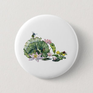 Japanese Water Lilies and Lotus Flowers 2 Inch Round Button