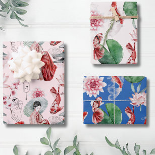 Japanese Watercolor Art Asian Koi Flower Pattern  Wrapping Paper Sheet