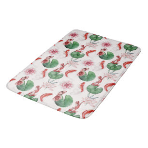 Japanese Watercolor Art Koi Fish Lotus Lily Pad Bath Mat