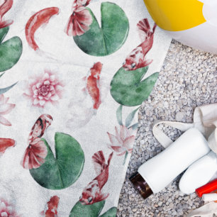 Japanese Watercolor Art Koi Fish Lotus Lily Pad Beach Towel