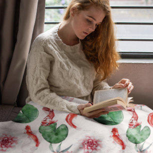 Japanese Watercolor Art Koi Fish Lotus Lily Pad Fleece Blanket