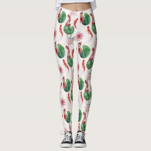 Japanese Watercolor Art Koi Fish Lotus Lily Pad Leggings