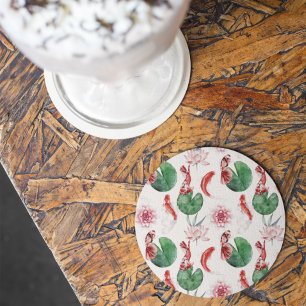 Japanese Watercolor Art Koi Fish Lotus Lily Pad Round Paper Coaster