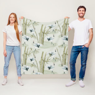 Japanese Watercolor Asian Art Bamboo Bird Pattern Fleece Blanket