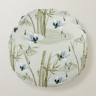 Japanese Watercolor Asian Art Bamboo Bird Pattern Round Pillow