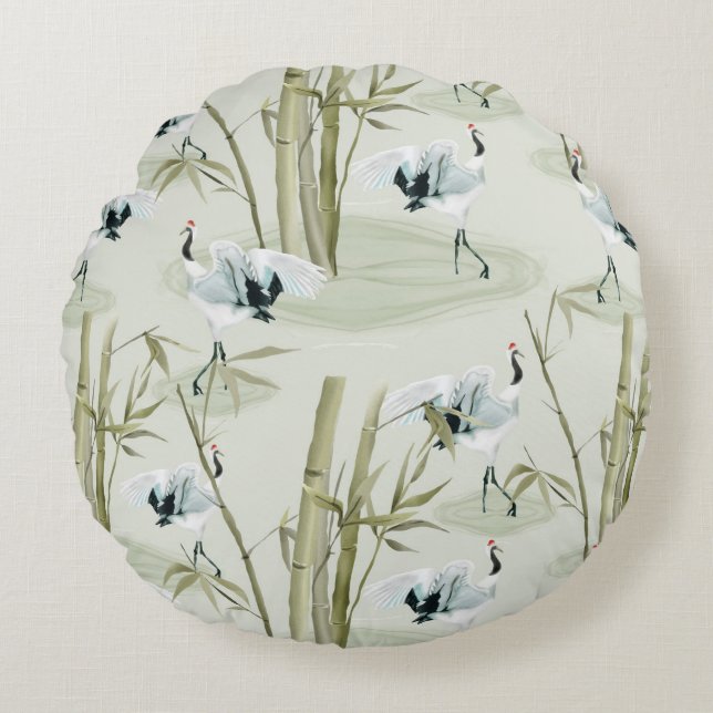 Japanese Watercolor Asian Art Bamboo Bird Pattern  Round Pillow (Front)